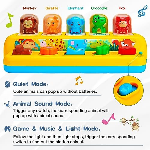 Interactive Pop up Animal Toys with Music & Light, Montessori Cause and Effect for 1 Year Old Boy Girl Early Learning Musical Baby 9-12-18 Months STEM Toddler Age 1-2 Gift Infant 35165M