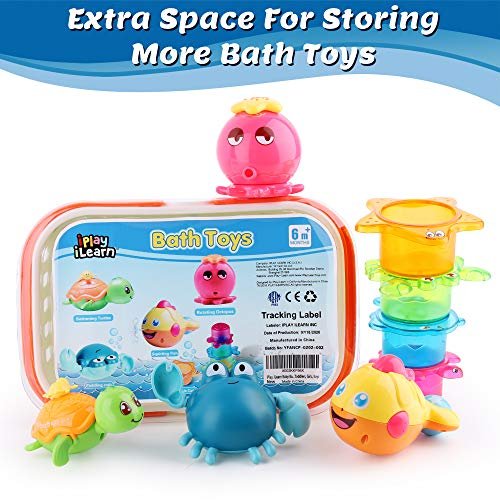 iPlay, iLearn Baby Bath Toys w/ Organizer, Water Squirting Octopus, Wind Up Swimming Turtle, Bathtub & Shower, Stacking Cups, Gift for 6, 9, 12, 18 Months 1, 2, 3 Years, Toddlers, Girls, Boys & Kids