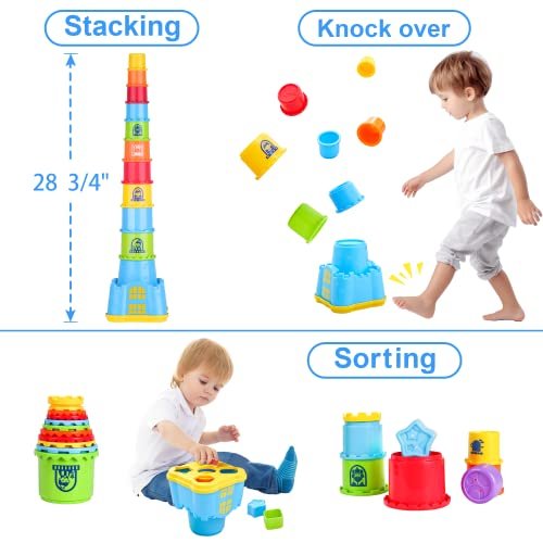 iPlay, iLearn Baby Stacking Toys, Toddler Nesting Stack Cups, Infant Stackable Block, Kids Sorting Game W/Shape Sorter for Sand Bath, Birthday Gift for 12 18 24 Month 1 2 3 Year Old Boys Girls
