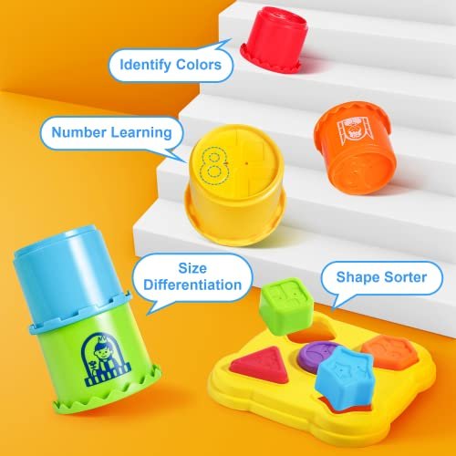 iPlay, iLearn Baby Stacking Toys, Toddler Nesting Stack Cups, Infant Stackable Block, Kids Sorting Game W/Shape Sorter for Sand Bath, Birthday Gift for 12 18 24 Month 1 2 3 Year Old Boys Girls