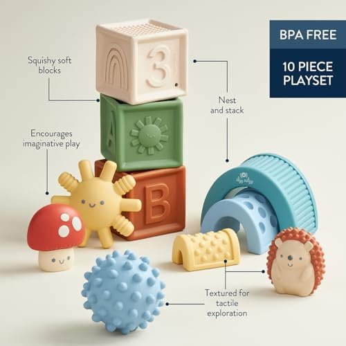 Itzy Ritzy Sensory Blocks Set - Baby Building Blocks 10-Piece Set - Features Soft & Textured Characters - Sensory Toy for Babies & Toddlers Aged 0 Months and Up