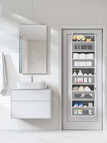 JARLINK Over The Door Organizer Storage, 5 Shelf Hanging Door Organizer with 5 Large Capacity Pockets, Anti Tilt 44 lb Load Behind Door Storage for Bedroom, Bathroom, Pantry, Nursery, (Grey)