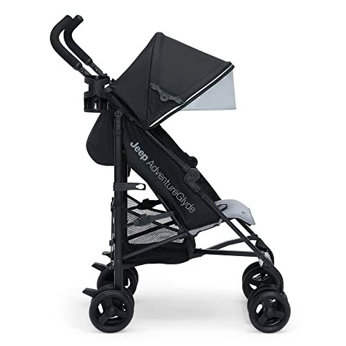 Jeep AdventureGlyde Stroller by Delta Children - Lightweight Travel Stroller with Smoothest Ride & Compact Fold, 3-Position Recline, Extra Large Storage Basket, Black/Grey