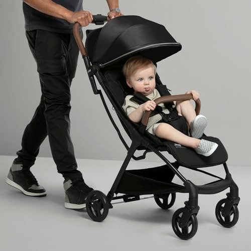 Jeep Altitude Compact Travel Stroller by Delta Children Greenguard Gold, Easy One Hand Fold, Lightweight, Extendable Canopy with Peek-a-Boo Window, Reclining Seat, 4 Wheel Suspension, Black