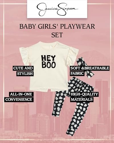 Jessica Simpson Baby Girls' Pants Set - 3 Piece Ruffle Sleeve T-Shirt, Pants, and Bow Headband - Playwear Clothing Set (0-4T)