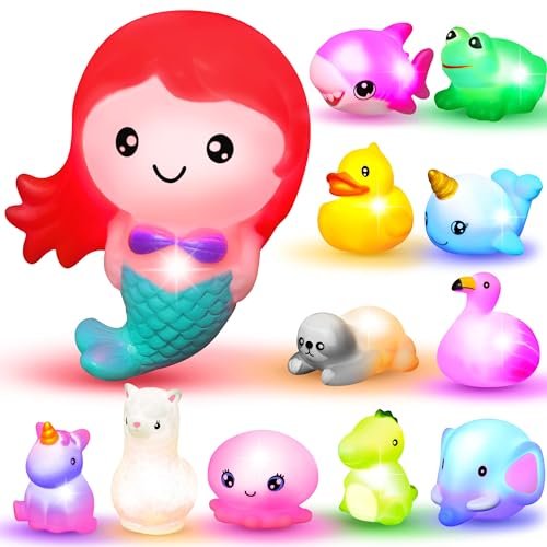 JOYIN 12 PCS Light Up Bath Toys, Toddler Flashing Colourful LED Bathtub Mermaid Toy, Baby Bathtime Floating Rubber Shower Gifts for Infant Kids Boy Girl Valentines Easter Gifts Swimming Pool Party