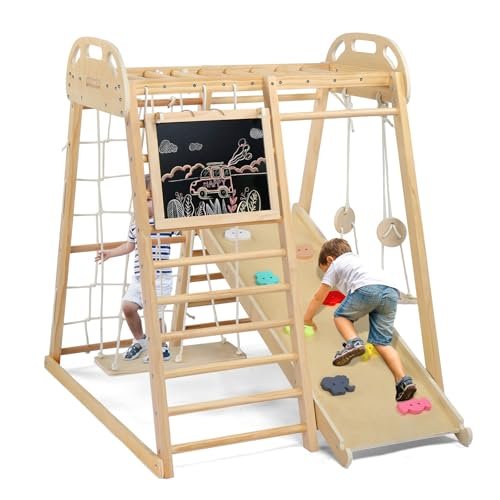 JOYMOR 8-in-1 Indoor Jungle Gym for Kids and Toddlers with Hanging-Bridge and Swing, Wooden Indoor Playground with Slide, Blackboard, Ladders for Toddler Climbers