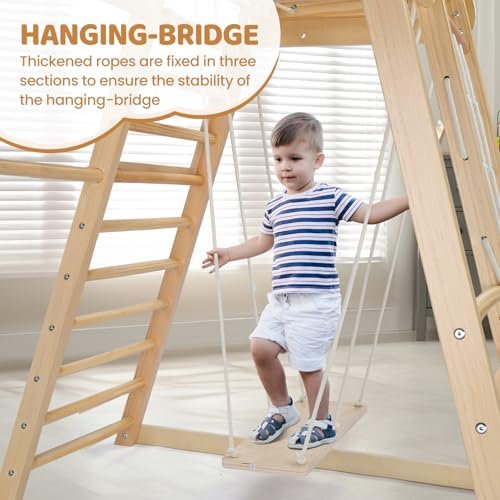 JOYMOR 8-in-1 Indoor Jungle Gym for Kids and Toddlers with Hanging-Bridge and Swing, Wooden Indoor Playground with Slide, Blackboard, Ladders for Toddler Climbers