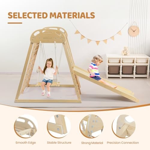 JOYMOR 8-in-1 Indoor Jungle Gym for Kids and Toddlers with Hanging-Bridge and Swing, Wooden Indoor Playground with Slide, Blackboard, Ladders for Toddler Climbers