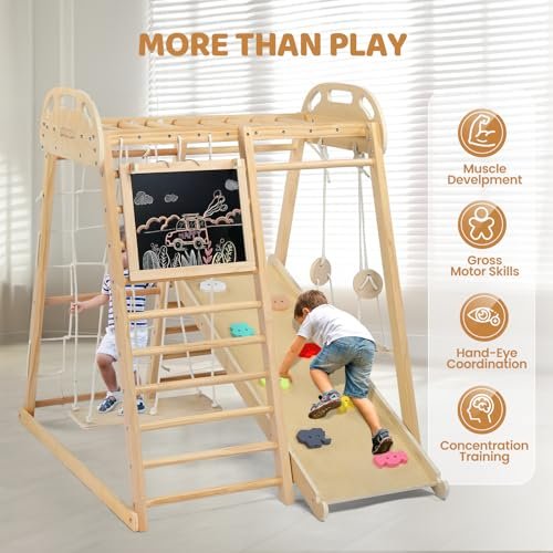 JOYMOR 8-in-1 Indoor Jungle Gym for Kids and Toddlers with Hanging-Bridge and Swing, Wooden Indoor Playground with Slide, Blackboard, Ladders for Toddler Climbers