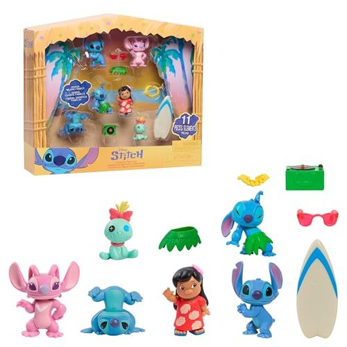 Just Play Disney Stitch Collectible Figure Set with Accessories, 11-Pieces, 2-inch Figurines, Includes Stitch, Lilo, Angel, & Scrump, Collectible Toys, Home Decoration, Kids Ages 3+