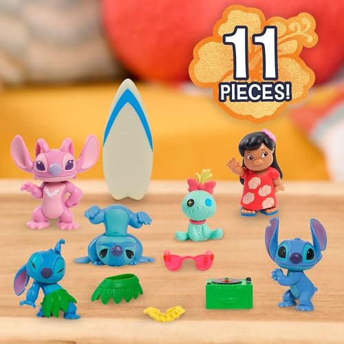 Just Play Disney Stitch Collectible Figure Set with Accessories, 11-Pieces, 2-inch Figurines, Includes Stitch, Lilo, Angel, & Scrump, Collectible Toys, Home Decoration, Kids Ages 3+