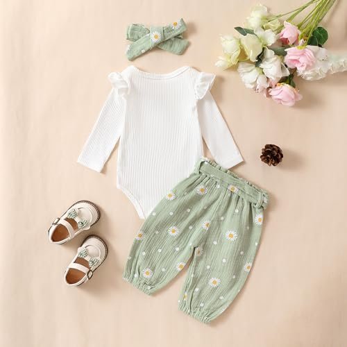 Kaipiclos Newborn Infant Girl Clothes Rib Knit Romper Daisy Print Pants Headband Baby Clothes for Girls 0 3 6 12 18 24 Months