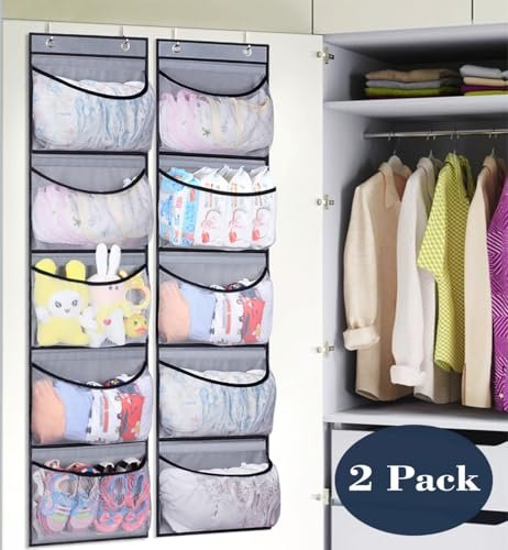 KEETDY Hanging Shelves Over the Door Organizer Storage for Closet with 5 Pockets Organizer for Bedroom Bathroom, 2 Pack（Grey）