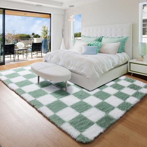 KICMOR Living Room Rugs 5x8 Sage Green and White, Large Fluffy Furry Shaggy Fuzzy Checkered Area Rug Bedroom Big Carpet, Shag Plush Soft Nursery Rug Cozy Room Decor for Teen Toddler Kids Baby Boys