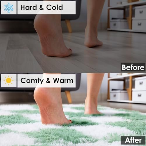 KICMOR Living Room Rugs 5x8 Sage Green and White, Large Fluffy Furry Shaggy Fuzzy Checkered Area Rug Bedroom Big Carpet, Shag Plush Soft Nursery Rug Cozy Room Decor for Teen Toddler Kids Baby Boys