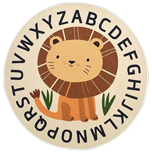 Kid Rugs Animal Play Rug 4Ft Large Round Lion Play Mat Soft Alphabet Educational Area Rug Nonslip Circle Baby Crawling Mat for Boys Girls Carpet for Kids Playroom Nursery, Sitting