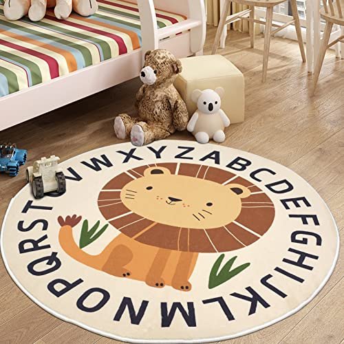 Kid Rugs Animal Play Rug 4Ft Large Round Lion Play Mat Soft Alphabet Educational Area Rug Nonslip Circle Baby Crawling Mat for Boys Girls Carpet for Kids Playroom Nursery, Sitting