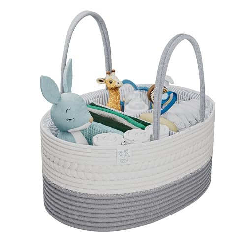 Kiddycare Woven Diaper Caddy Basket with Handle Lid, Diaper Caddy Basket with Dividers for Baby Boy/Girl Nursery, Baby Gift, Gray, Large
