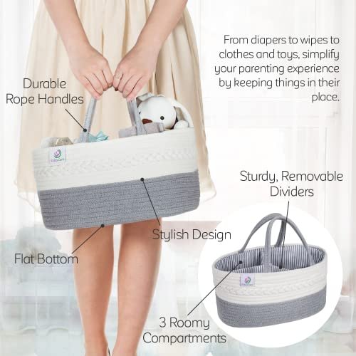 Kiddycare Woven Diaper Caddy Basket with Handle Lid, Diaper Caddy Basket with Dividers for Baby Boy/Girl Nursery, Baby Gift, Gray, Large
