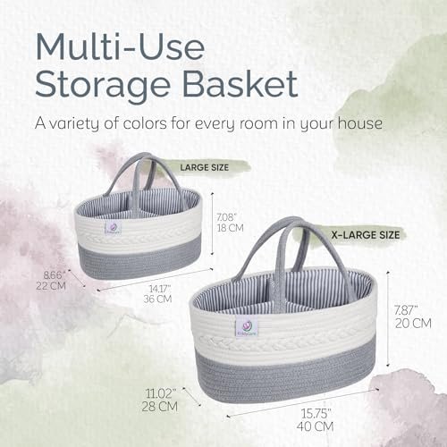 Kiddycare Woven Diaper Caddy Basket with Handle Lid, Diaper Caddy Basket with Dividers for Baby Boy/Girl Nursery, Baby Gift, Gray, Large