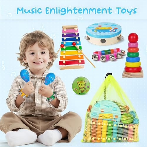 Kids Musical Instruments for Toddlers,Baby Musical Toys for Toddlers,Christmas Kids Gifts,First Birthday Gifts for Boys Girls,Kids Xylophone,Maracas for Baby,Wooden Instruments Toddler Toys with Bag