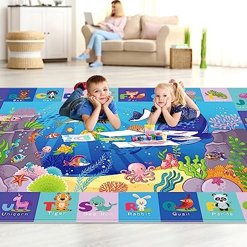 Kids Play Rug, Animals Print Baby Mat for Floor, Kids Rug for Playroom, ABC Educational Rug, Non-Toxic Soft Baby Crawling Mat, Tummy Time Mat, Nursery Rugs (Blue, 78.7X59 INCH)