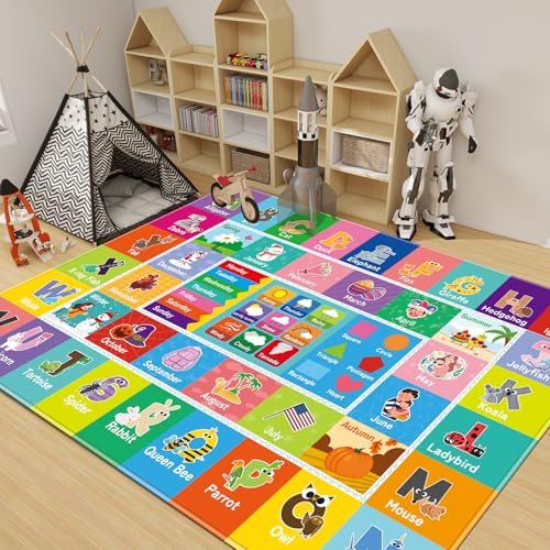 Kids Rug for Playroom, Kids Baby Playmat with Alphabet, Month, Weather, Week and Shapes ABC Educational Rug, Play Mat Carpet for Bedroom Classroom (59 X 39.4 INCH, Weather)