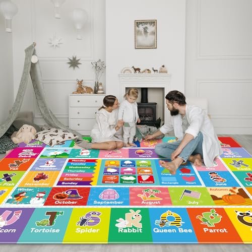 Kids Rug for Playroom, Kids Baby Playmat with Alphabet, Month, Weather, Week and Shapes ABC Educational Rug, Play Mat Carpet for Bedroom Classroom (59 X 39.4 INCH, Weather)