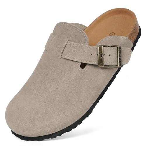 Kids Suede Clogs Boys Girls Cork Footbed Potato Shoes Classic Slip On Leather Mules Children Indoor Outdoor Sandals with Adjustable Buckle