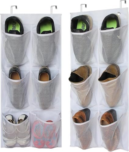 KIMBORA 2 Packs Narrow Over the Door/Wall Shoe Organizer Cruise, Small Hanging Shoe Rack for Closet with Clear Mesh Pocket for Bathroom, RV, Pantry, Camping (White)