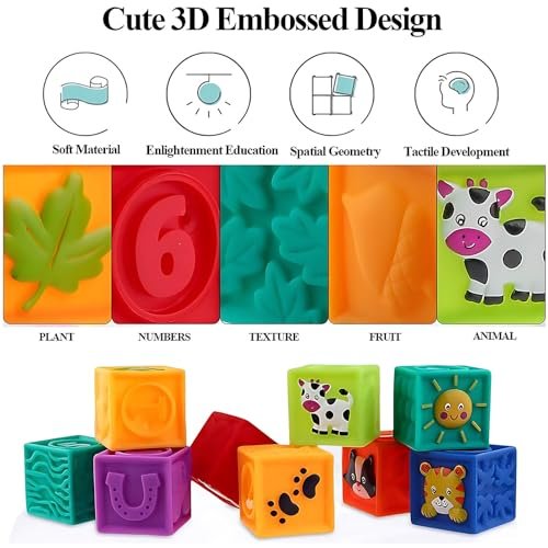 Kingtree Baby Blocks, 9PCS Soft Squeeze Building Blocks Stacking Toys for 6+ Months Babies, Baby Teething Chewing Educational Blocks Set with Numbers Animals Shapes Textures