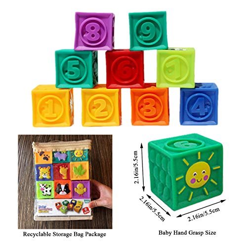 Kingtree Baby Blocks, 9PCS Soft Squeeze Building Blocks Stacking Toys for 6+ Months Babies, Baby Teething Chewing Educational Blocks Set with Numbers Animals Shapes Textures