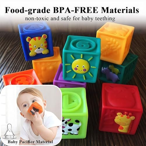 Kingtree Baby Blocks, 9PCS Soft Squeeze Building Blocks Stacking Toys for 6+ Months Babies, Baby Teething Chewing Educational Blocks Set with Numbers Animals Shapes Textures