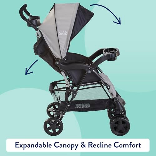 Kolcraft Cloud Plus Lightweight Toddler Umbrella Baby Stroller with Large Storage Basket and Canopy, Reclining Seat, Child and Parent Trays, Compact Easy Fold for Summer Travel - Slate Gray