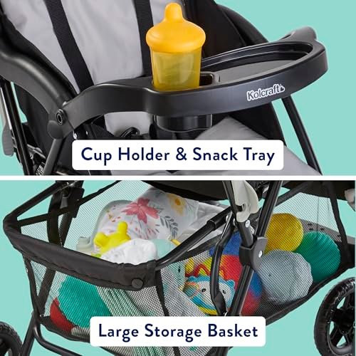 Kolcraft Cloud Plus Lightweight Toddler Umbrella Baby Stroller with Large Storage Basket and Canopy, Reclining Seat, Child and Parent Trays, Compact Easy Fold for Summer Travel - Slate Gray