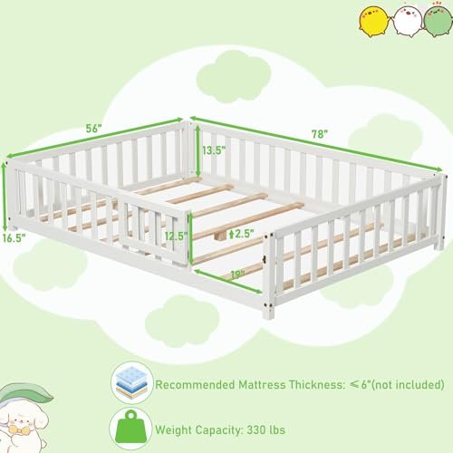 KOMFOTT Full Size Wood Floor Bed with Door & Fence, Montessori Bed Frame with Full Length Safety Guardrails, Slats Support, Door & Latch, Wooden Montessori Floor Bed, No Box Spring Needed (White)
