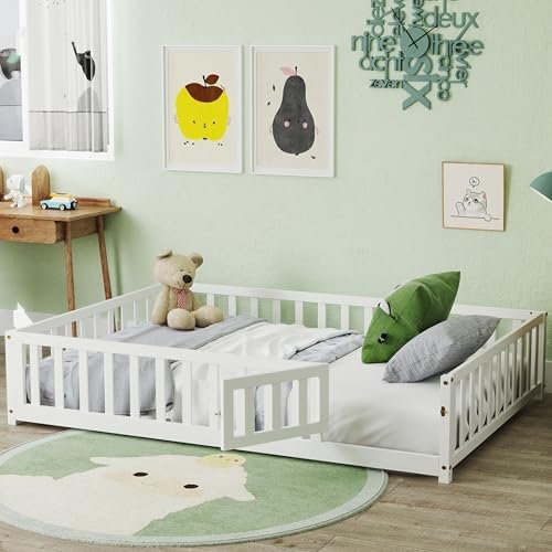 KOMFOTT Full Size Wood Floor Bed with Door & Fence, Montessori Bed Frame with Full Length Safety Guardrails, Slats Support, Door & Latch, Wooden Montessori Floor Bed, No Box Spring Needed (White)