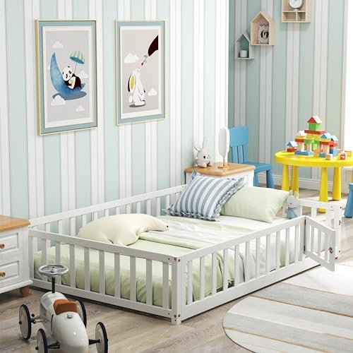 KOMFOTT Full Size Wood Floor Bed with Door & Fence, Montessori Bed Frame with Full Length Safety Guardrails, Slats Support, Door & Latch, Wooden Montessori Floor Bed, No Box Spring Needed (White)