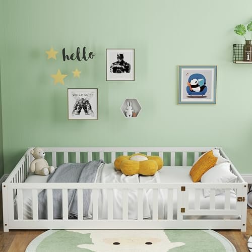 KOMFOTT Full Size Wood Floor Bed with Door & Fence, Montessori Bed Frame with Full Length Safety Guardrails, Slats Support, Door & Latch, Wooden Montessori Floor Bed, No Box Spring Needed (White)