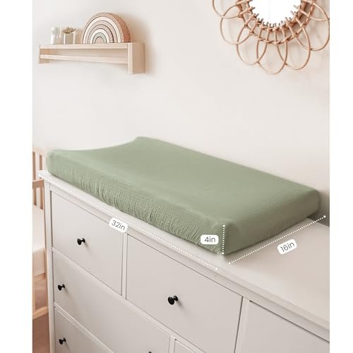 Konssy 2 Pack Muslin Changing Pad Covers for Boys, Ultra Soft & Breathable Cotton Baby Diaper Changing Table Covers, Neutral Nursery Diaper Changing Pad Sheets (Fog Green,Cream)