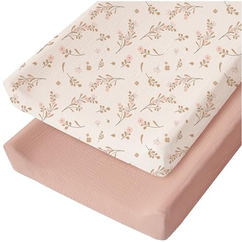 Konssy Muslin Changing Pad Cover for Baby Girls Boys, 100% Cotton Fitted Diaper Chang Table Covers, Soft Breathable Changing Pad Sheets, 2 Pack (Floral,Pink)