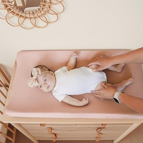 Konssy Muslin Changing Pad Cover for Baby Girls Boys, 100% Cotton Fitted Diaper Chang Table Covers, Soft Breathable Changing Pad Sheets, 2 Pack (Floral,Pink)