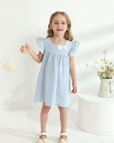 Kucnuzki Baby Girl Clothes Toddler Girls Summer Dress Ruffle Fly Sleeve Casual Sundress Square Neck Cute Outfit for Kids