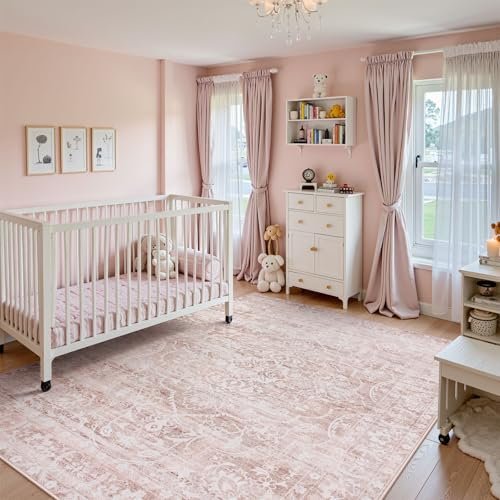 Lahome Boho Area Rugs 5x7,Pink Rugs for Bedroom Girls Floral Nursery Rug,Living Room Rug Carpet Ultra-Thin Soft Washable, Kids Rugs for Playroom Baby Room Decor Dining Room (Pink, 5'X7')