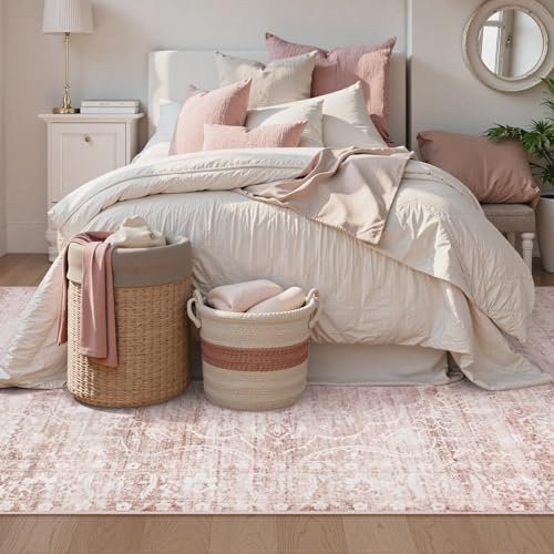 Lahome Boho Area Rugs 5x7,Pink Rugs for Bedroom Girls Floral Nursery Rug,Living Room Rug Carpet Ultra-Thin Soft Washable, Kids Rugs for Playroom Baby Room Decor Dining Room (Pink, 5'X7')