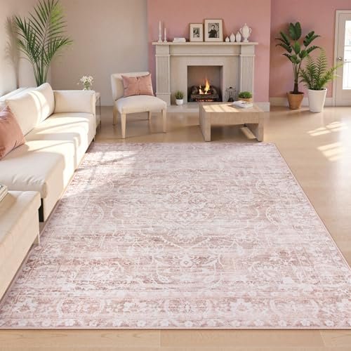 Lahome Boho Area Rugs 5x7,Pink Rugs for Bedroom Girls Floral Nursery Rug,Living Room Rug Carpet Ultra-Thin Soft Washable, Kids Rugs for Playroom Baby Room Decor Dining Room (Pink, 5'X7')