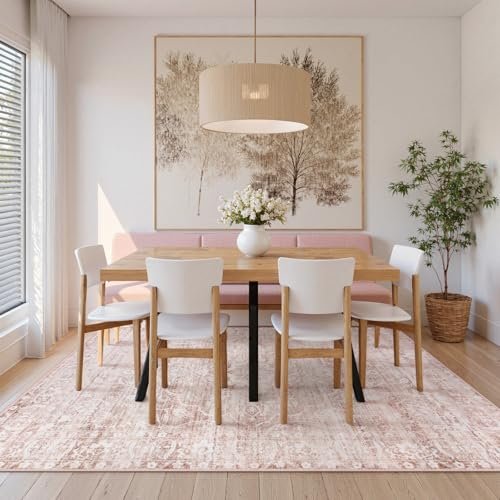 Lahome Boho Area Rugs 5x7,Pink Rugs for Bedroom Girls Floral Nursery Rug,Living Room Rug Carpet Ultra-Thin Soft Washable, Kids Rugs for Playroom Baby Room Decor Dining Room (Pink, 5'X7')