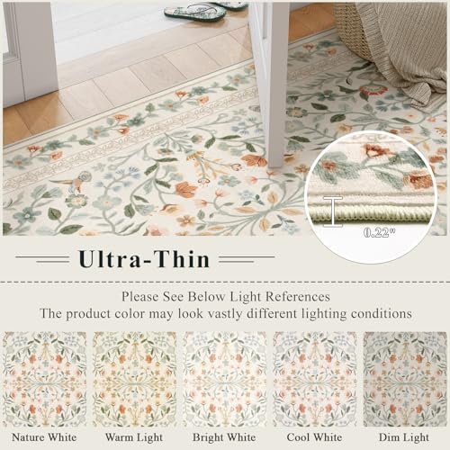 Lahome Floral Area Rug 5x7, Washable Soft Kids Room Nursery Rug Non Slip Ultra-Thin Carpet for Bedroom, Vintage Botanical Print Carpet for Playroom Classroom Living Room, Beige