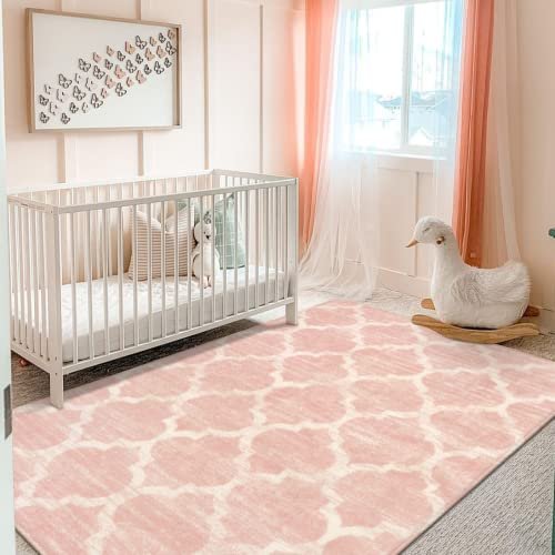 Lahome Moroccan Washable Rugs - 3x5 Pink Rugs for Bedroom Throw Kids Nursery for Baby Girls Bedside Rug Non-Slip Kitchen Area Rug Modern Trellis Carpet Rug for Living Room Entryway Laundry Bath
